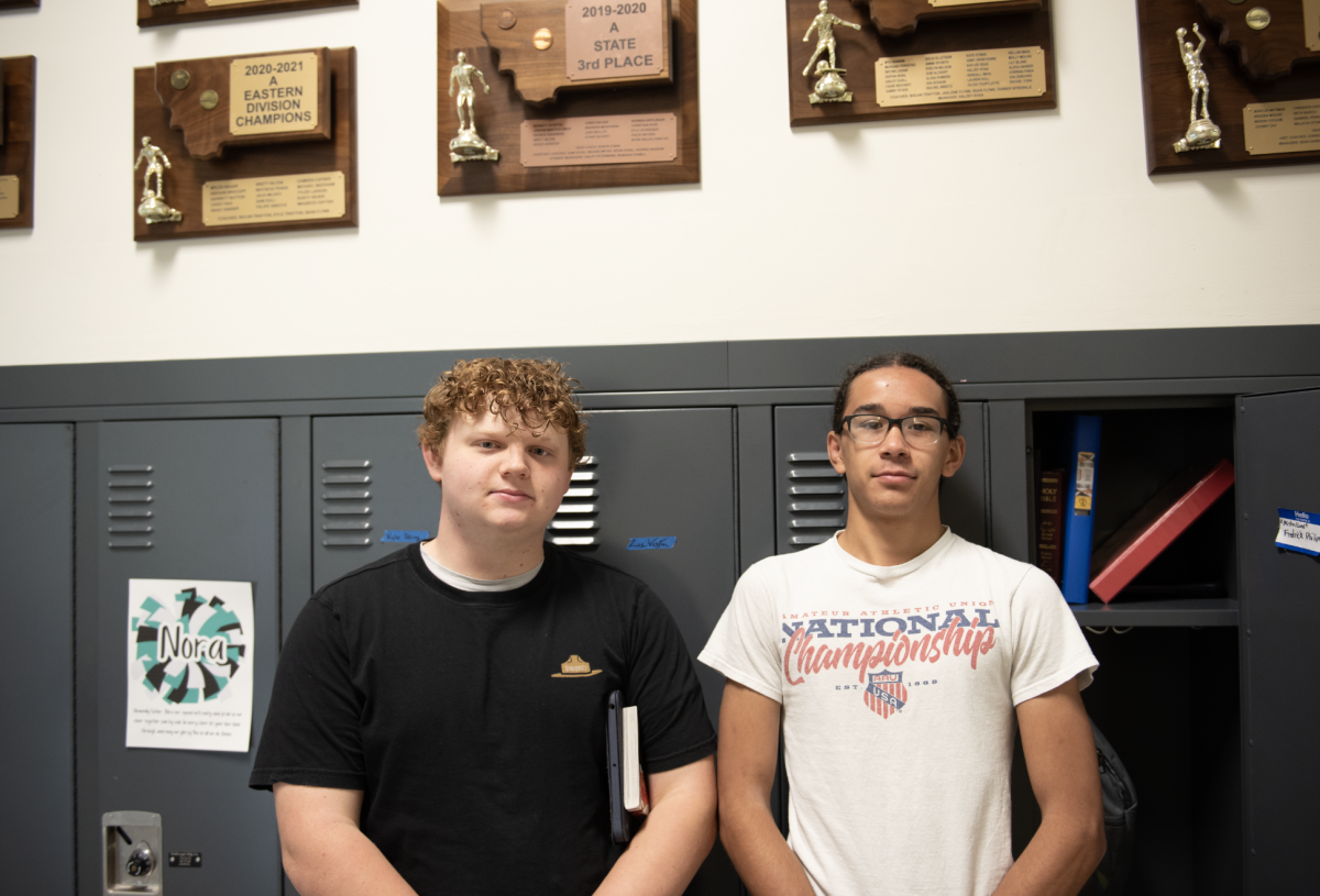 (For social media)10.8.24 (From L to R) Juniors Kai Brekhus and Aramis Rivera stand in front of their lockers in the junior hallway. 